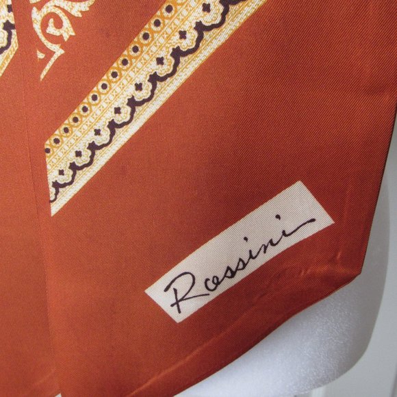 ROSSINI Vintage Scarf Pennant Style Brown Gold Black Paisley Silky Feel - Picture 3 of 8